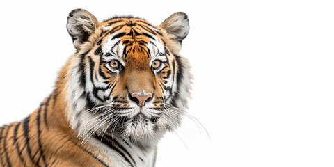 Fototapeta premium A close-up portrait of a tiger on a white background, with an empty space for text on the right.
