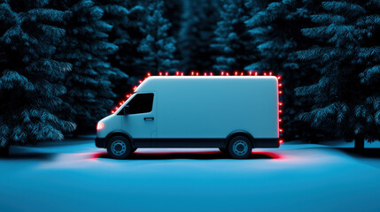 A delivery van driving through a snowy forest, decorated with Christmas lights and Cyber Monday banners Cyber Monday  delivery van, festive and efficient holiday delivery