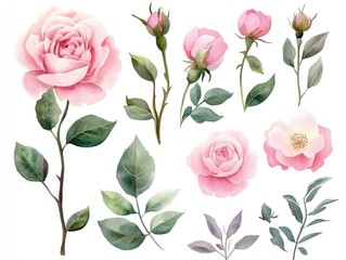 Fototapeta premium Watercolor Flowers Blush. Pink Roses and Peonies with Separate Floral Elements