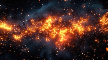 Fototapeta premium A fiery explosion of particles with glowing sparks flying in all directions, creating an intense visual effect on dark background