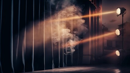 Fototapeta premium Vintage theatre spot light on black curtain with smoke