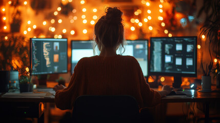 Woman working late at night on her computer with string lights.
