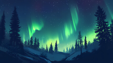 Naklejka premium A panoramic background image of northern lights in a clear night sky. the scene captures the vivid colors of the aurora borealis, including greens. Aurora Borealis. Illustration