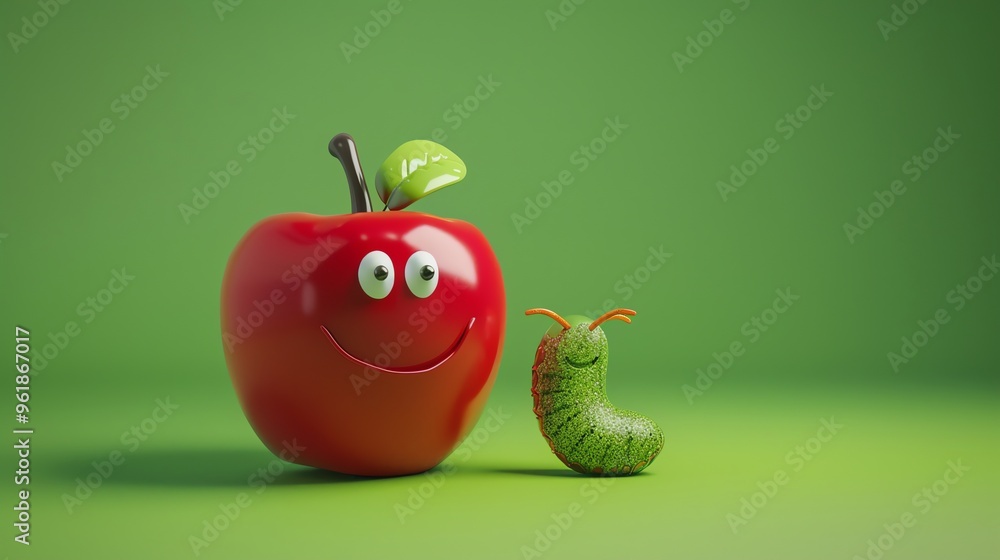 Poster A red apple with a green leaf and a green caterpillar both smiling.