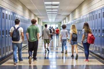 Obraz premium High school students walking down hallway with lockers on both sides