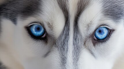 Close-up of a Siberian Husky's striking blue eyes.