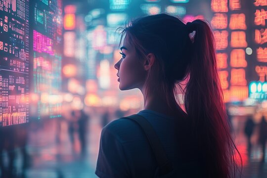 A woman in a sleek, futuristic cityscape, surrounded by holographic advertisements, neon blues and pinks, digital art, high detail, copy space for stock photo with minimal concept, No logo, No