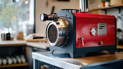Fototapeta premium Powerful Red Metal Kitchen Appliance for Grinding Blending and Espresso Brewing