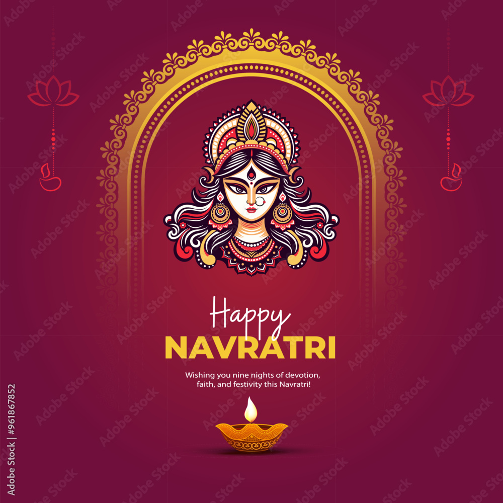 Wall mural happy navratri festival greeting background with hindu goddess durga illustration