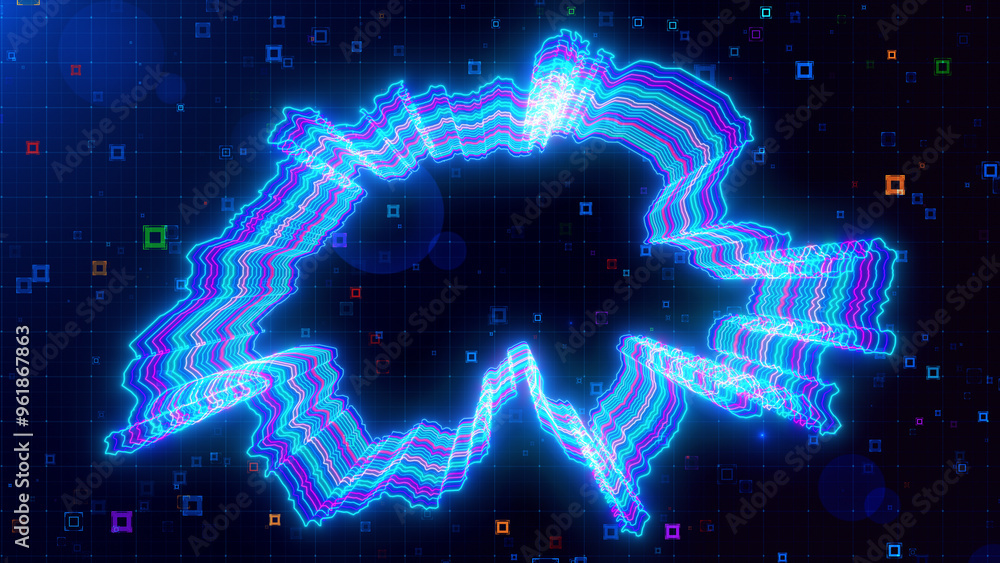 Poster a vibrant digital artwork of switzerland map outlined with neon lines, set against a futuristic grid