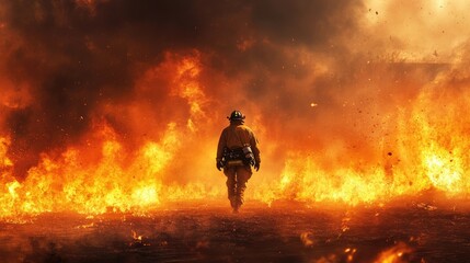 Fototapeta premium A lone firefighter walking through a sea of flames and smoke, engulfed in heat as they fight to control a massive blaze