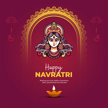 Happy Navratri Festival Greeting Background with Hindu Goddess Durga Illustration	