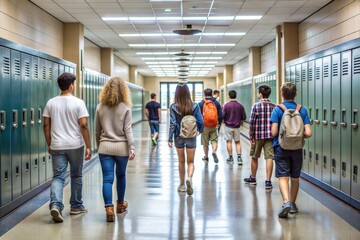 Students walking in school hallway with lockers on both sides backpacks and casual clothing