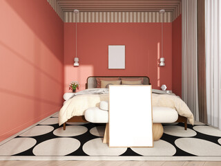 Two wall art mockup in colorful and mid-century bedroom decor. 2 blank posters mock-up with light reflection. 3D render