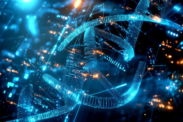 Obraz premium Futuristic digital representation of a human body amidst swirling DNA strands and glowing particles in a high-tech setting. Generative AI.
