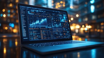 Open laptop displaying a digital business plan, modern approach to strategic planning, copy space for stock photo with minimal concept, No logo, No Trademark, No text