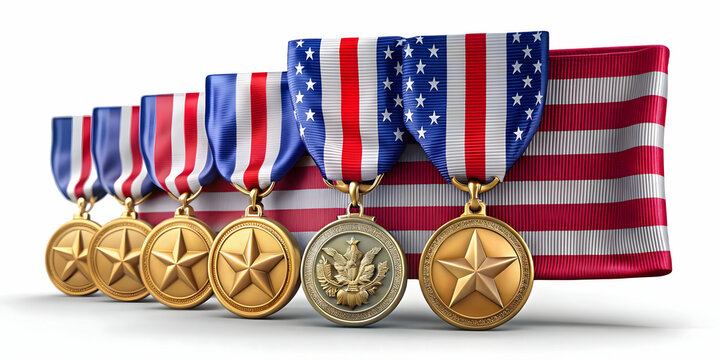 3D Military Medals and American Flag Hovering Above Ground - Iconic Symbol of Honor and Service for Veterans on White Background