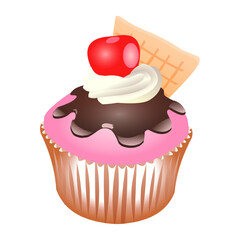 Cupcake with a cherry on top. Vector illustration in simple flat style