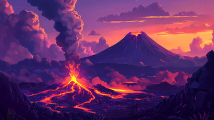 A dramatic volcanic landscape with glowing lava flows, steam rising from vents, and the distant outline of a volcano against the evening sky. Volcanic Landscape. Illustration