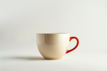 Simple ceramic cup with a red handle on a light background