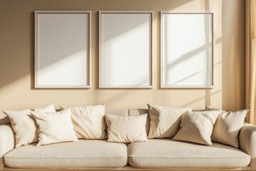 White Frames on the Wall of an Empty Living Room with a Sofa in Beige Tones, Mockup