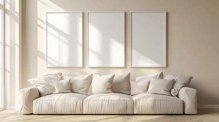 White Frames on the Wall of an Empty Living Room with a Sofa in Beige Tones, Mockup