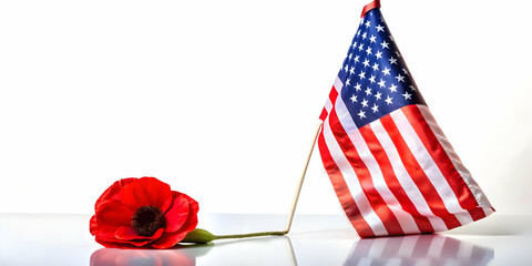 Obraz premium 3D Poppy and Folded American Flag Hovering Above Ground - A Serene and Reflective Tribute for Veterans Day on Isolated White Background