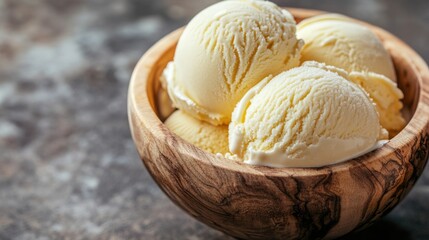 Ice Cream Vanilla Bowl Top. Wooden Bowl with Tasty Vanilla Ice Cream on Table, Copy Space