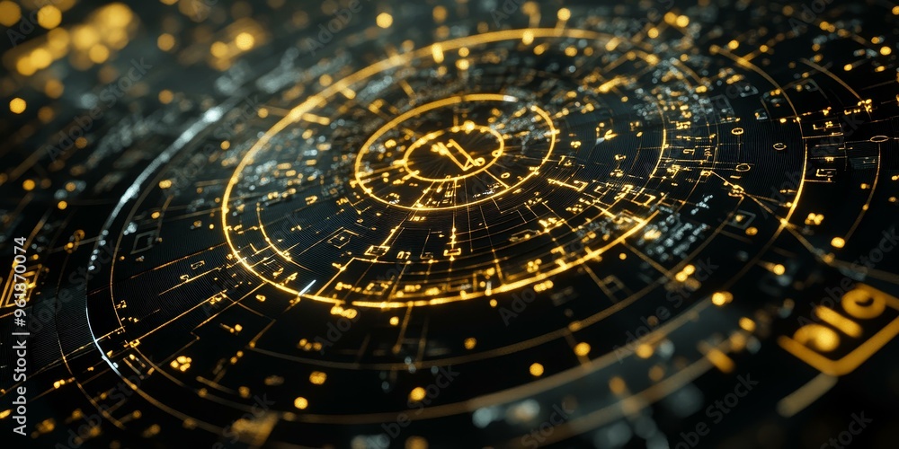 Poster circular pattern with glowing yellow lines.