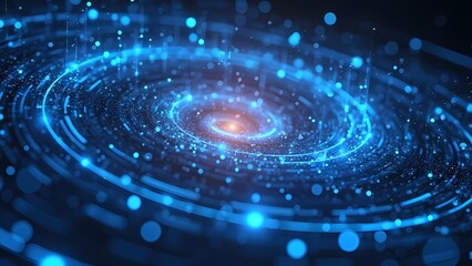 Digital Swirl of Blue Rings with Luminous Particles