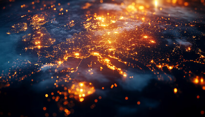 Aerial view of colorful digital city and glowing lighting digital interface. Science and artificial intelligence technology. Generative AI.	