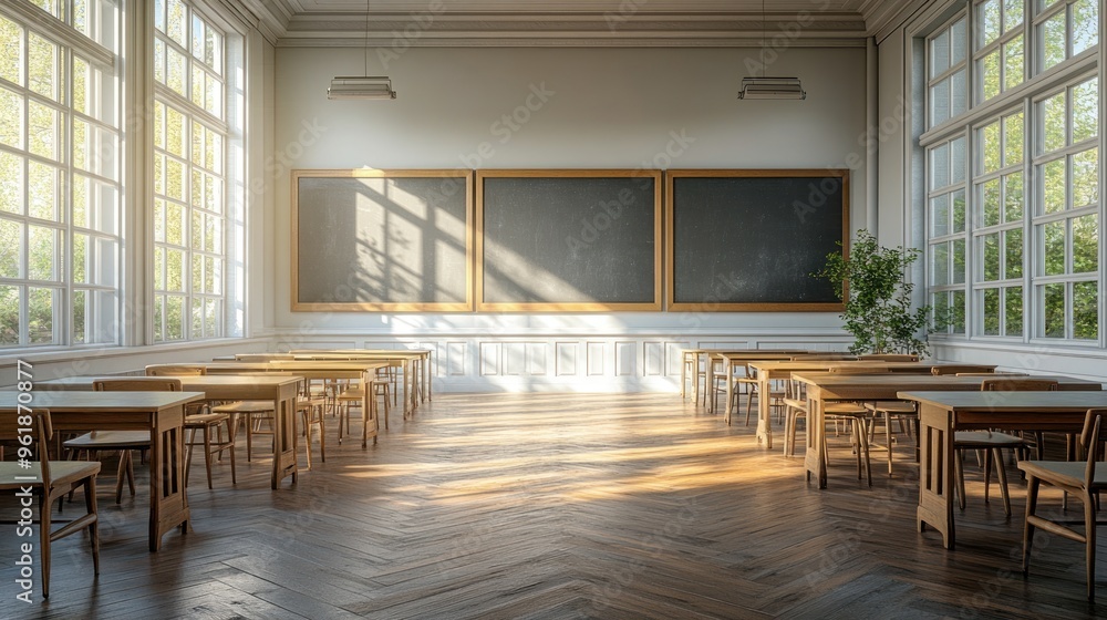 Poster empty classroom with sunlight streaming in