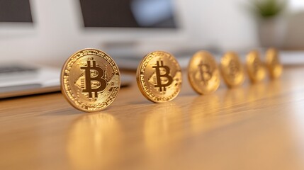 A close-up of shiny Bitcoin coins aligned on a wooden desk, symbolizing digital currency and investment.