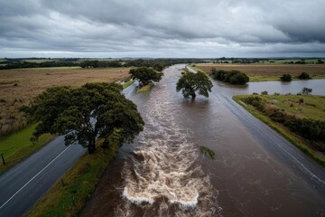Fototapeta premium A heavily flooded roadway where water rushes over the asphalt surface, surrounded by trees and fields, indicating an extreme weather event impacting the rural landscape.