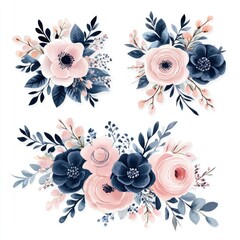 Navy And Pink Flowers. Watercolor Floral Bouquets for Wedding Invitations and Decorations