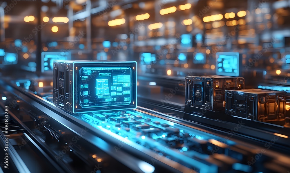 Aufkleber futuristic factory: data cubes move on conveyor belt with glowing interfaces