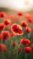 Obraz premium Blurred and defocused image of red beautiful poppies bloom, poppy red flowers meadow