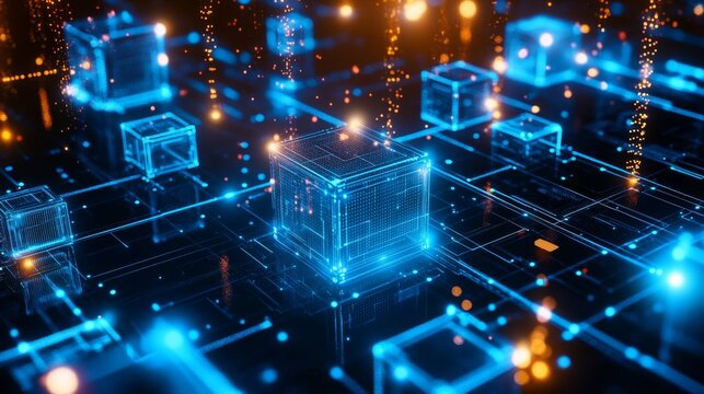 Abstract visuals of blockchain technology in business, featuring interconnected digital blocks and data nodes in a sleek, futuristic style