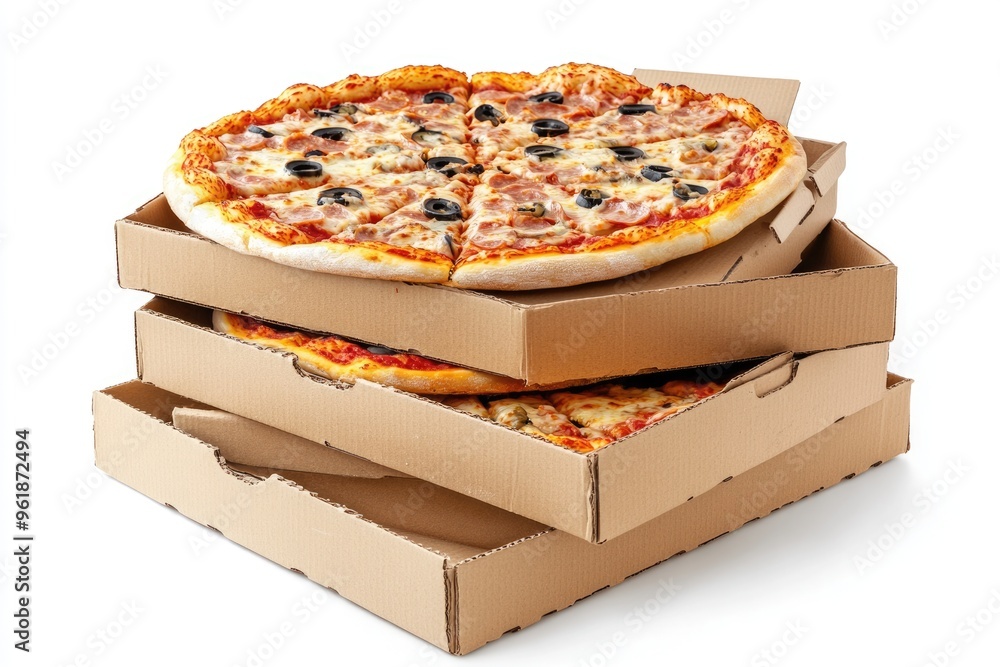 Poster stack of pizzas. front view of stack of pizza boxes on white background