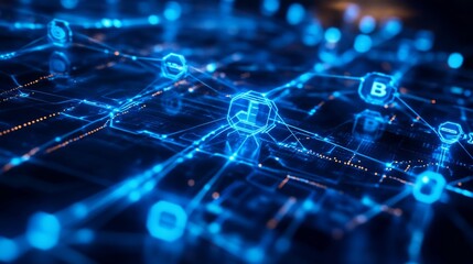 Obraz premium Blockchain innovation in business visualized with glowing digital nodes, secure connections, and abstract data flows