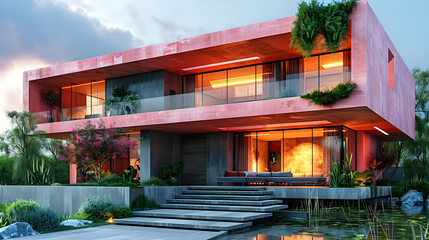 Fototapeta premium Modern Pink House with Outdoor Patio and Pool - 3D Illustration