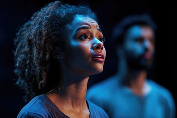 African American Actors Rehearsing on Theater Stage. Young Multiethnic Performers Embracing Emotions in Art and Entertainment