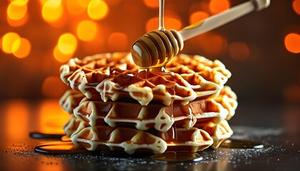 Decadent waffles drizzled with honey and topped with melting butter amidst a dreamy backdrop of twinkling orange lights