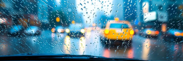 Rainy cityscape through a car windshield, with blurred traffic lights and a vibrant yellow taxi in...