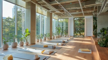 Business setting encouraging wellness, featuring yoga rooms, relaxation corners, and vibrant, health-conscious workspaces