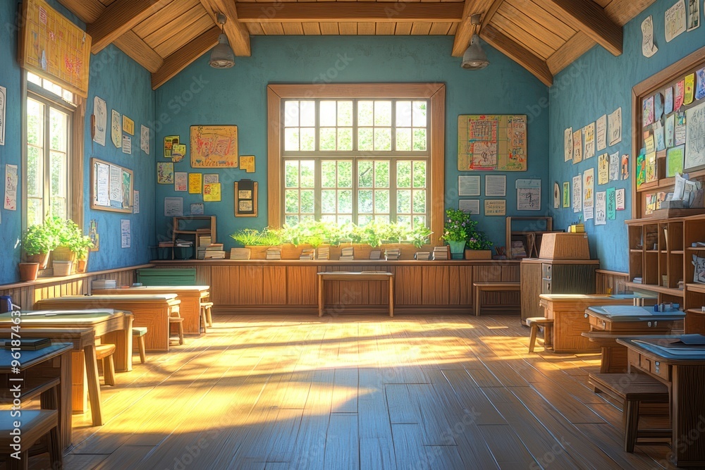 Poster empty classroom with sunlight streaming through window