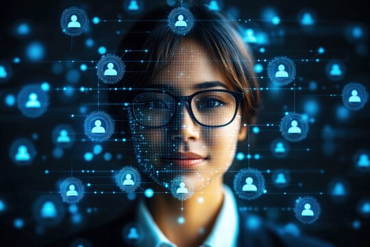 The Face of Connection: A young professional woman at the forefront of digital networking, her face merging with a luminous web of profile icons, symbolizing the power of social media and online commu