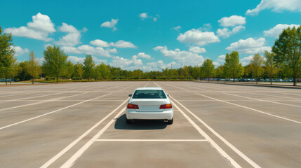 A white car parked in a parking lot with trees and sky, AI