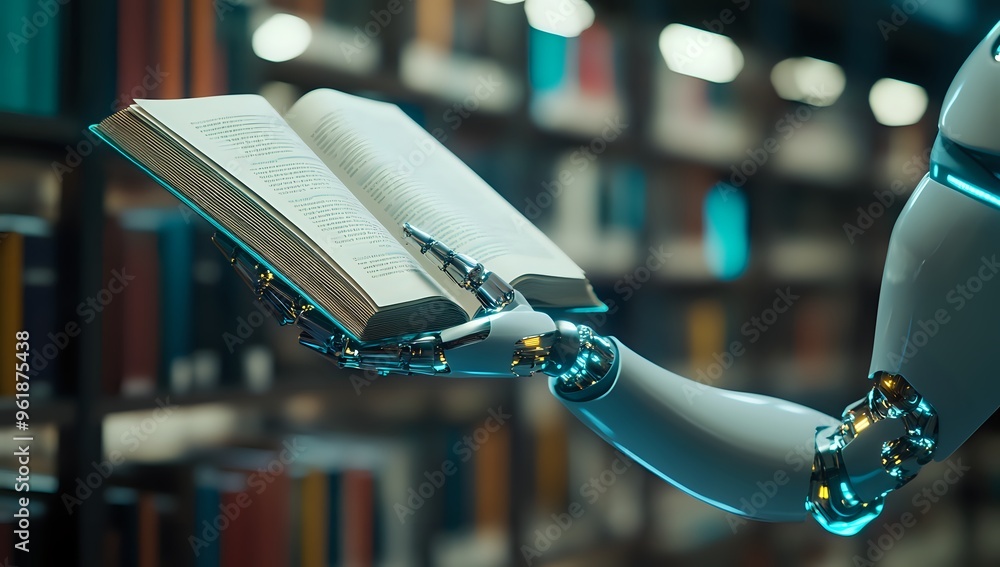 Poster a robotic hand reads a book in a library, exploring knowledge and the future of learning