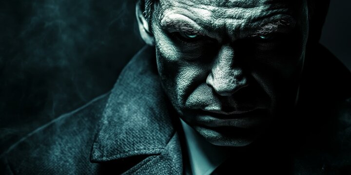 Man's face with intense expression in dark shadows.
